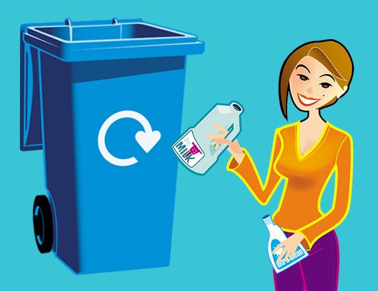 cartoon of blue wheelie bin and woman holding plastic bottles