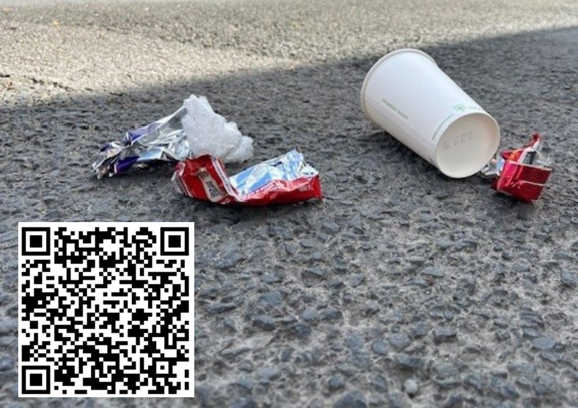 I photo of litter on a road and a QR code link for reporting offences.