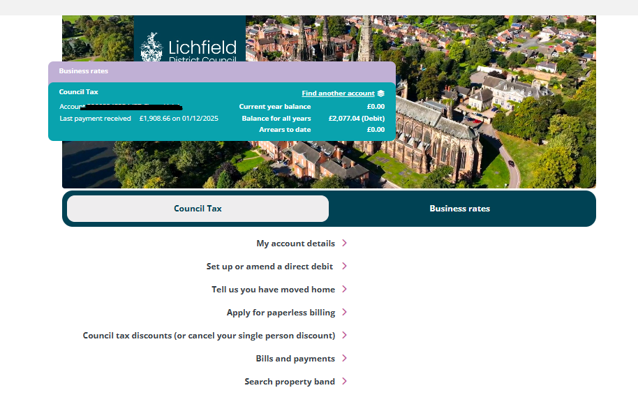 Council tax reset account page.