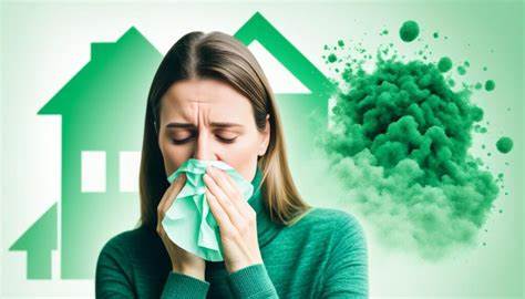 Woman coughing into a tissue with an image of a house and mould spores in the background