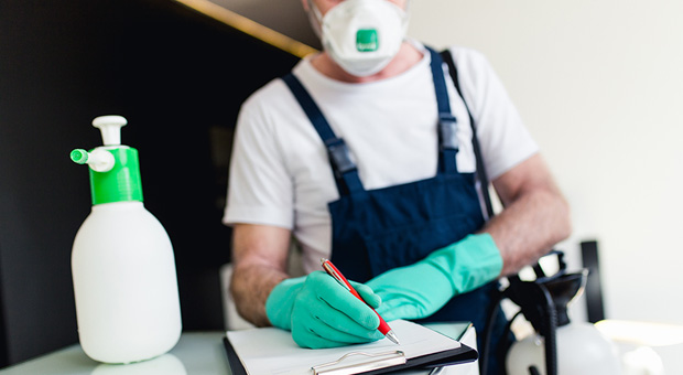 Man in mask with spray bottle and clipboard